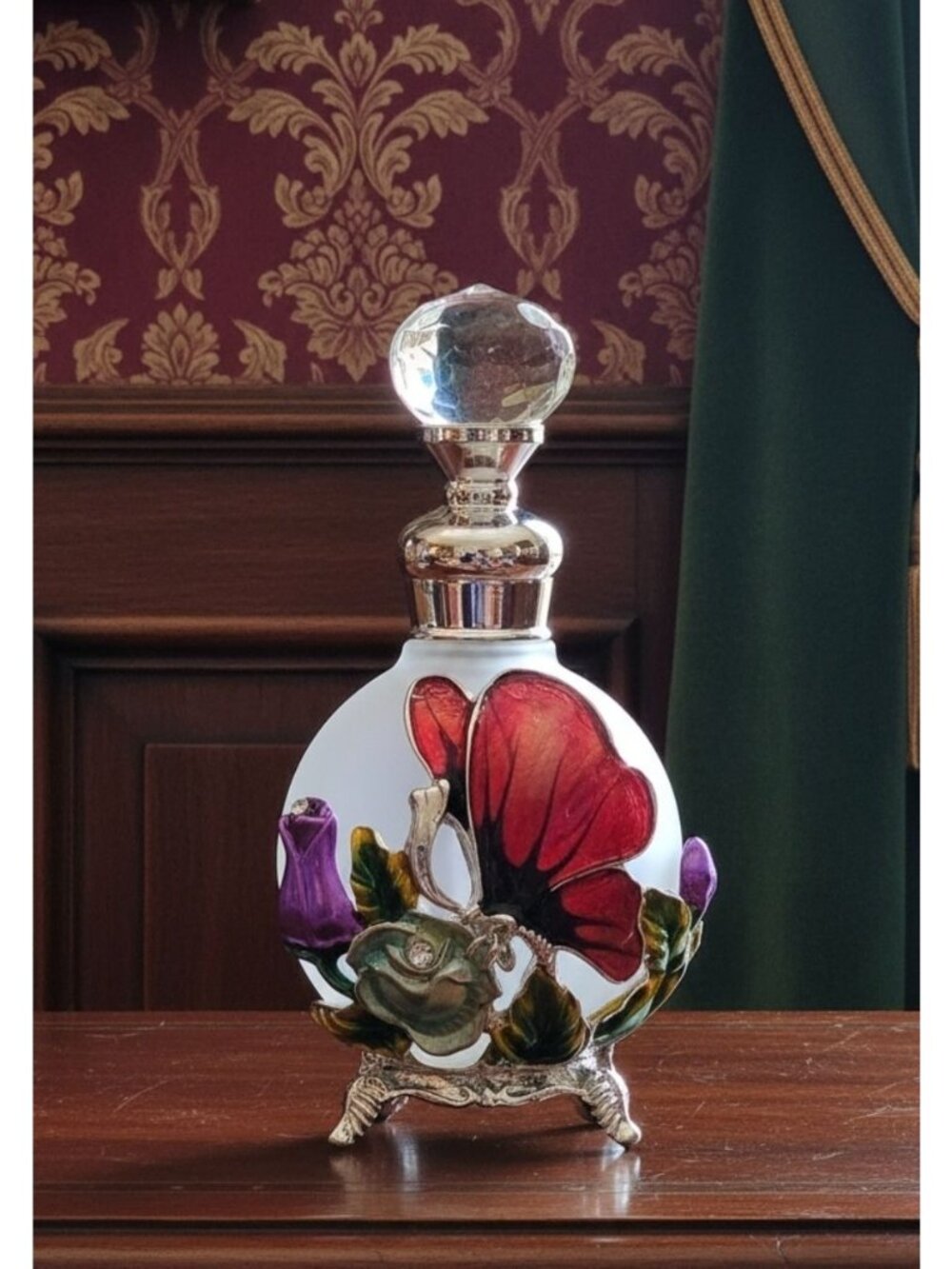 Butterfly perfume Bottle Frosted With Floral Accents & Crystal Stopper
